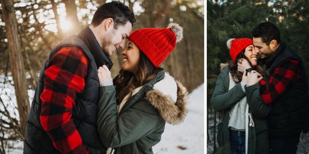 A couple posing for winter-themed photos