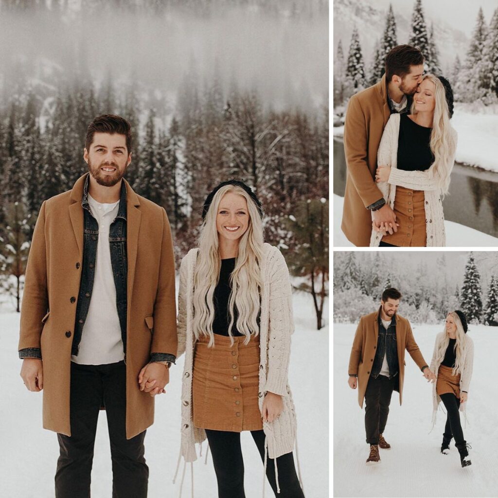 a couple wearing coordinating outfits for their winter engagement photos. The colors are brown, black, and white