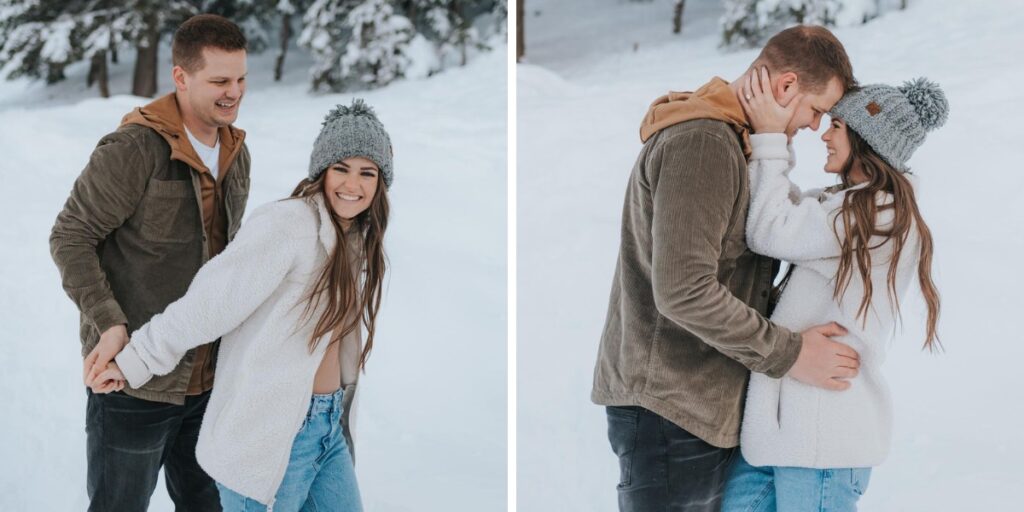 A couple posing for engagement photos in the snow