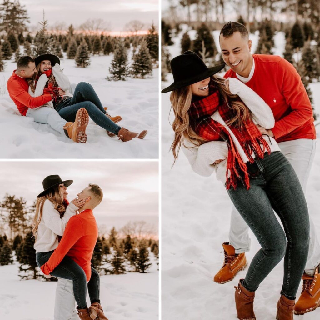 Photos of a couple having fun and posing for engagement photos in the snow.