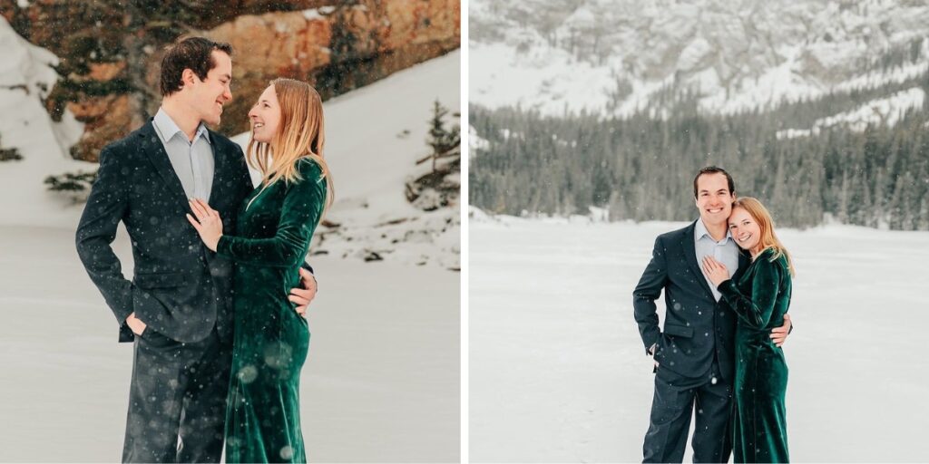 A nicely dressed couple posing for photos in the snow