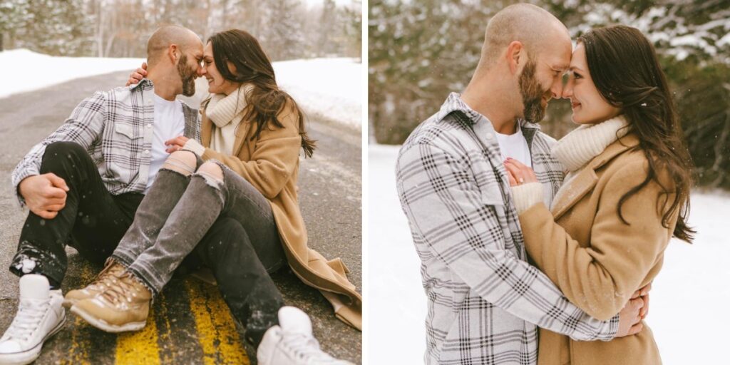 Photos of a stylish couple posing for their engagement session