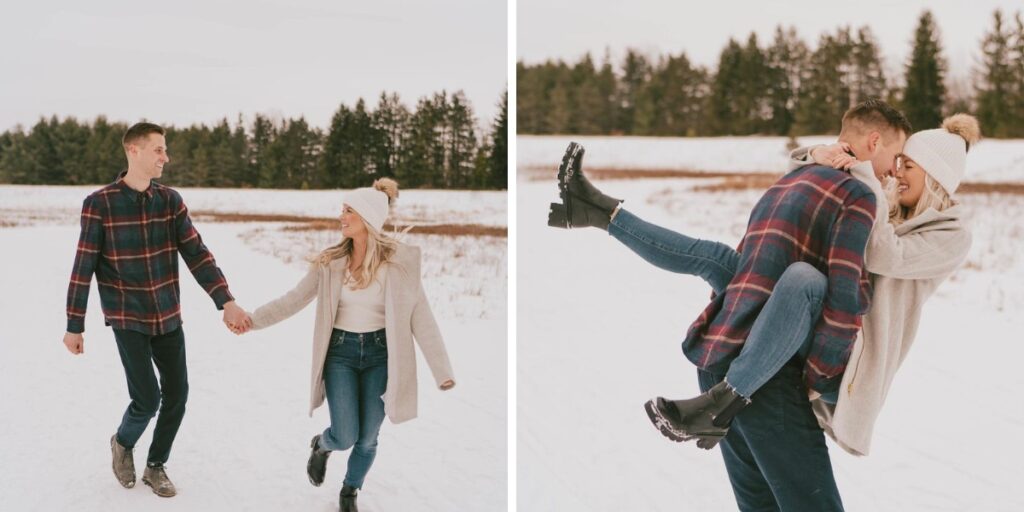 A couple playing in the snow