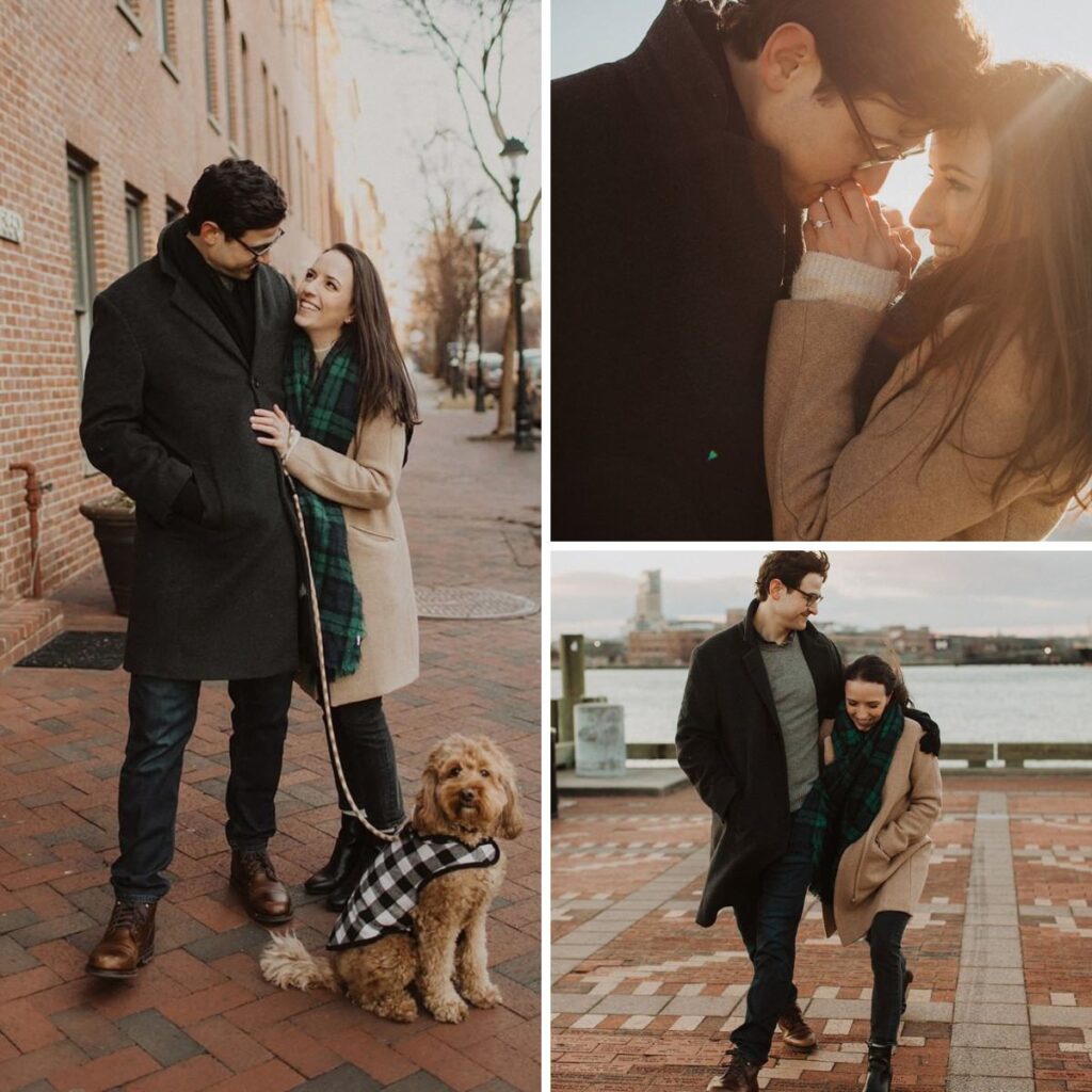 Photos of a couple posing for engagement photos with their dog which is a mini goldendoodle