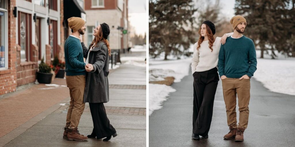 A couples posing for their engagement photos in the winter. they are wearing neutral colored outfits