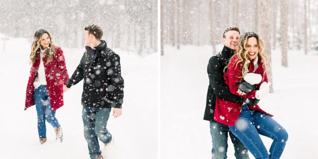 A couple playing in the snow. The woman is wearing a bright red coat