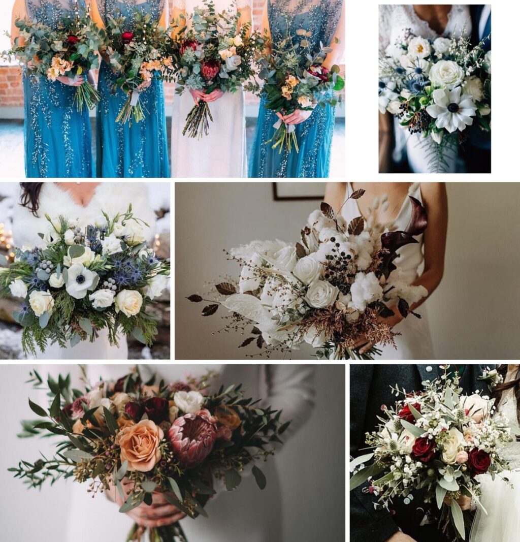 a photo collage of winter-themed bridal bouquets.