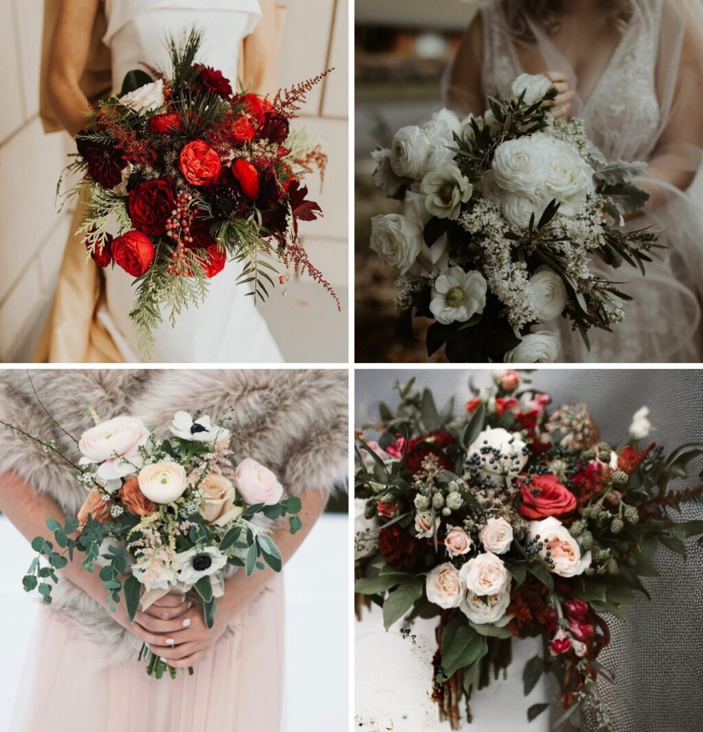 a photo collage of bridal bouquets with a winter vibe
