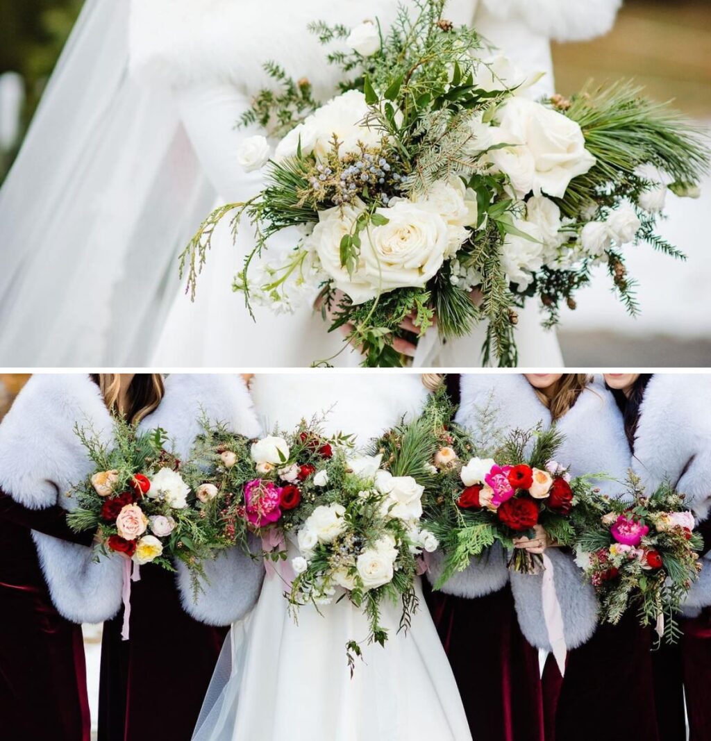 a winter bridal bouquet and bridesmaid bouquets
