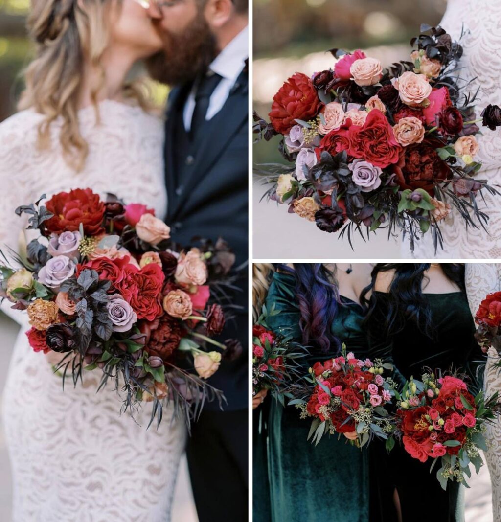 A photo collage of brightly colored bridal bouquets with red and pink flowers