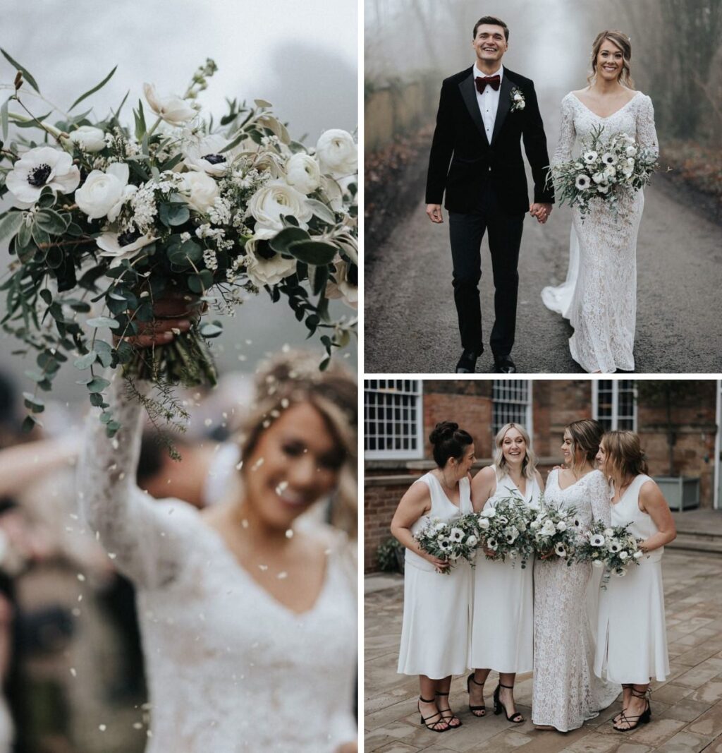 A photo collage of a bride and groom and bridesmaids holding winter wedding flowers and their bridal bouquets