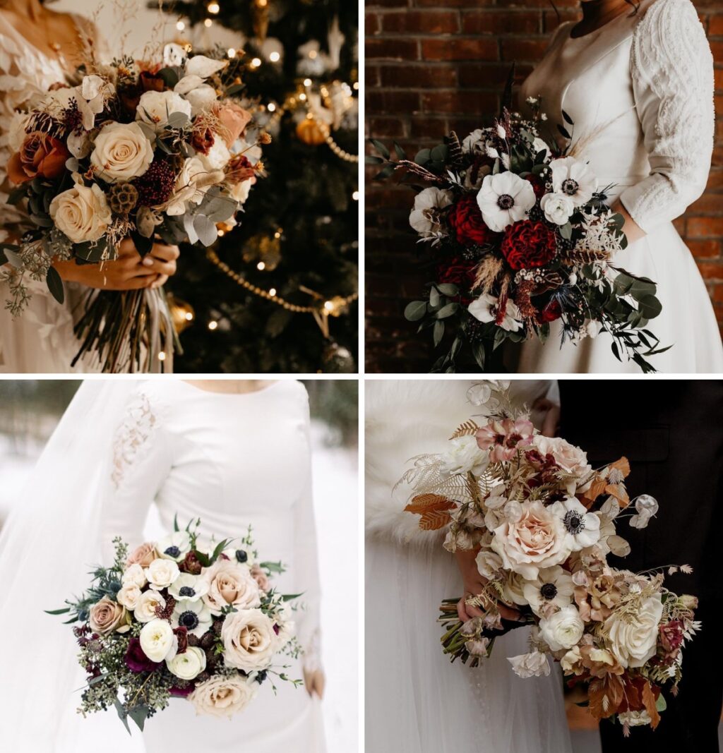 a collage of four different bridal bouquets