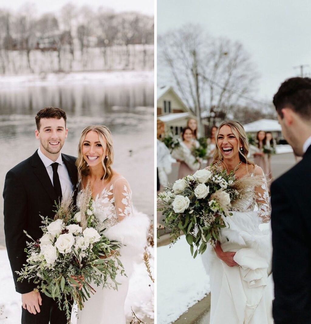 A bride and groom posing outside in the snow