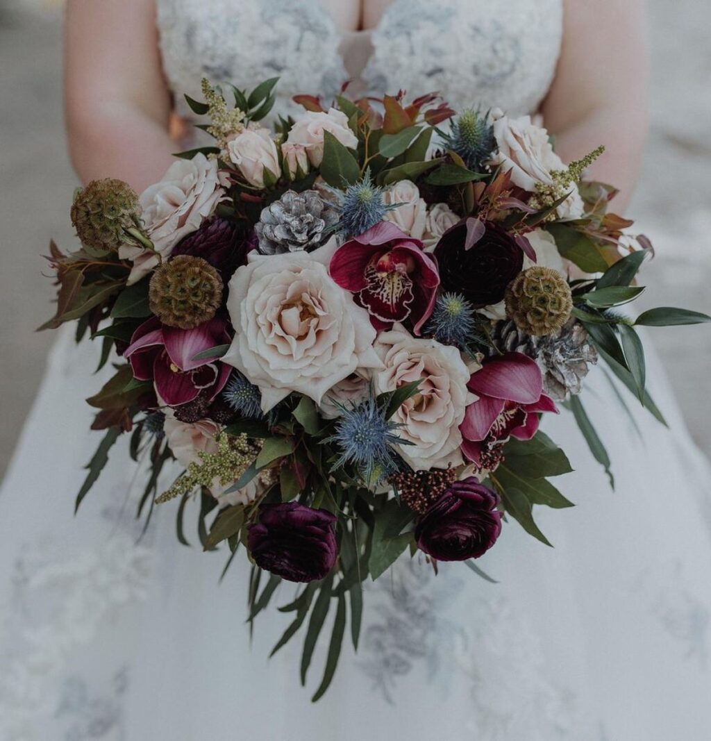 A close up photo of a bridal bouquet. This is for the blog post called winter wedding bridal bouquets