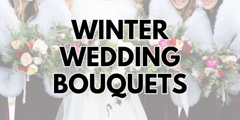 The cover photo for the blog post winter wedding bridal bouquets. This is the text with a faded image of a bridal party with flowers