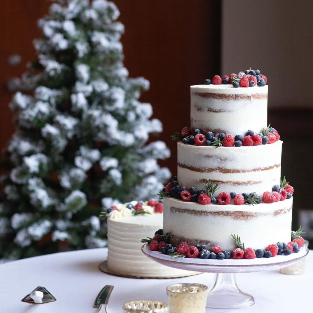 A semi-naked winter wedding cake with white frosting, blueberries and rasberries. There is a snow covered Christmas tree in the background