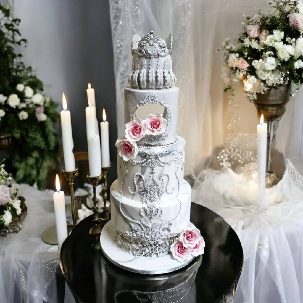 A tall multi tier wedding cake with white and silver