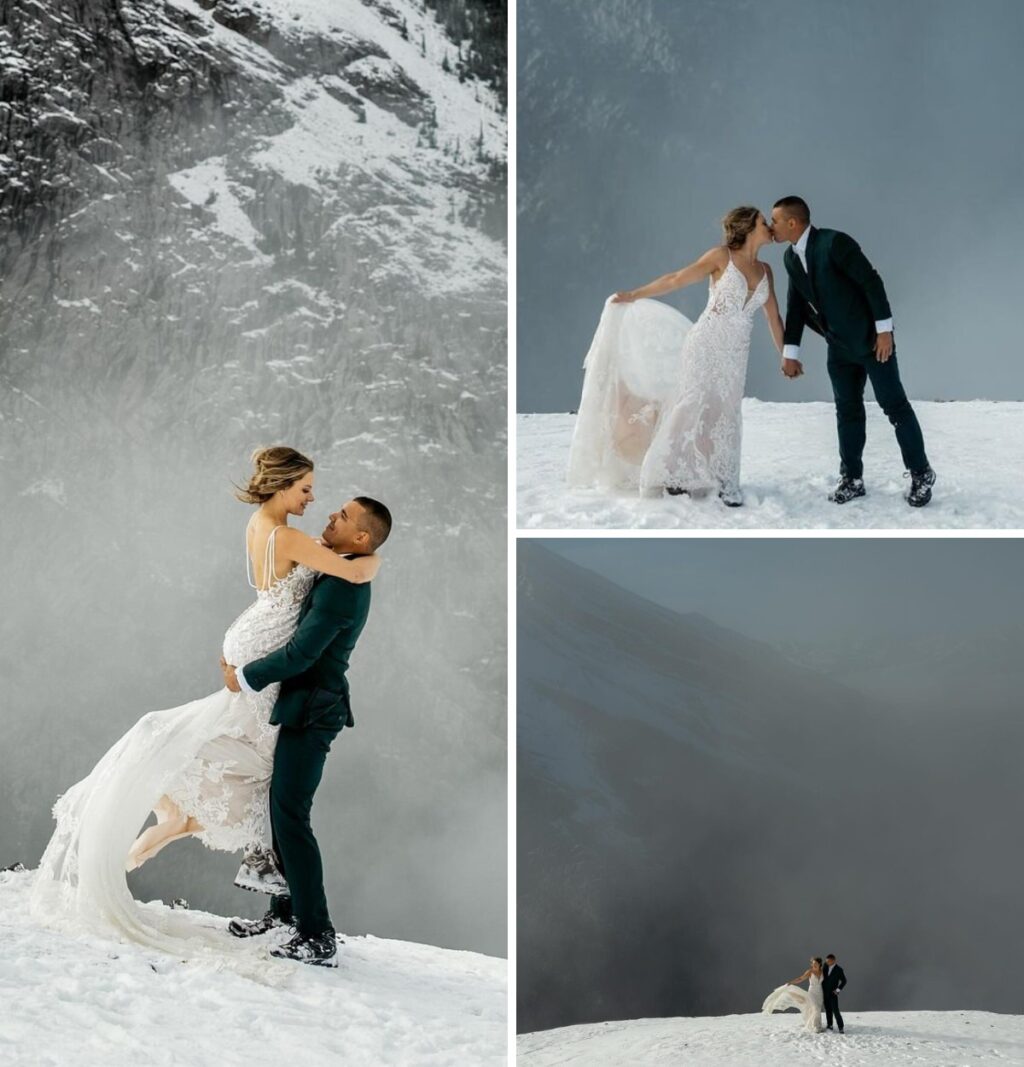 A photo collage of three photos that show a wedding couple on a snowy mountain. The groom is lifting the bride in the air and they are kissing
