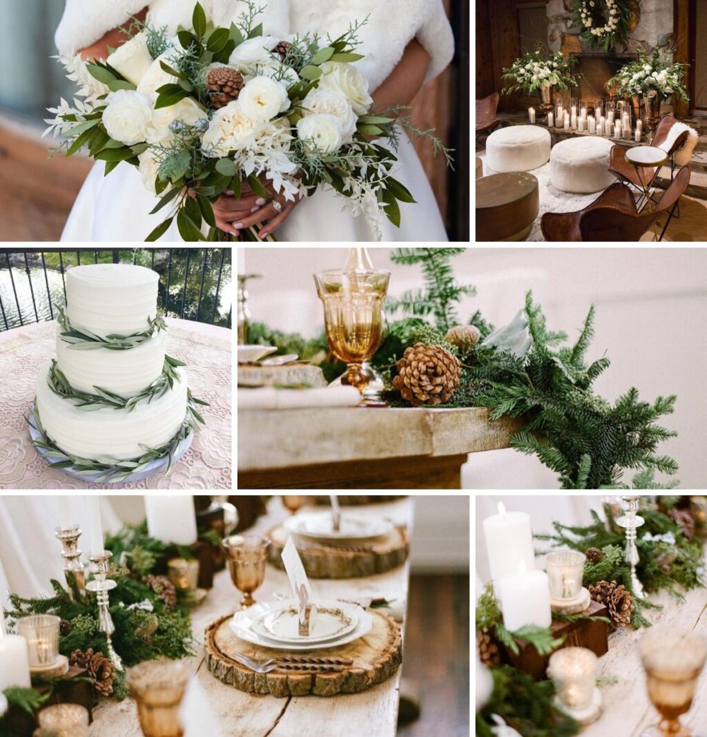 A photo collage showing winter wedding reception decorations. There is a white cake with greenery, evergreen branches and pinecones, and a close of of a bride holding a winter-themed bridal bouquet