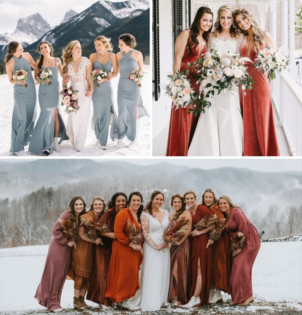 A photo collage showing three separate photos of brides with her bridesmaids in the winter. They are wearing light blue or dusty blue bridesmaid dresses in one, in another, they are wearing red, oranges, and rust colored dresses. There is snow on the ground.