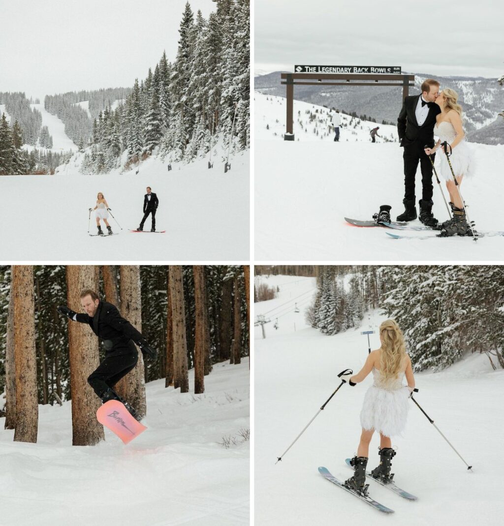 A bride and groom skiing down a snow covered mountain in their wedding attire