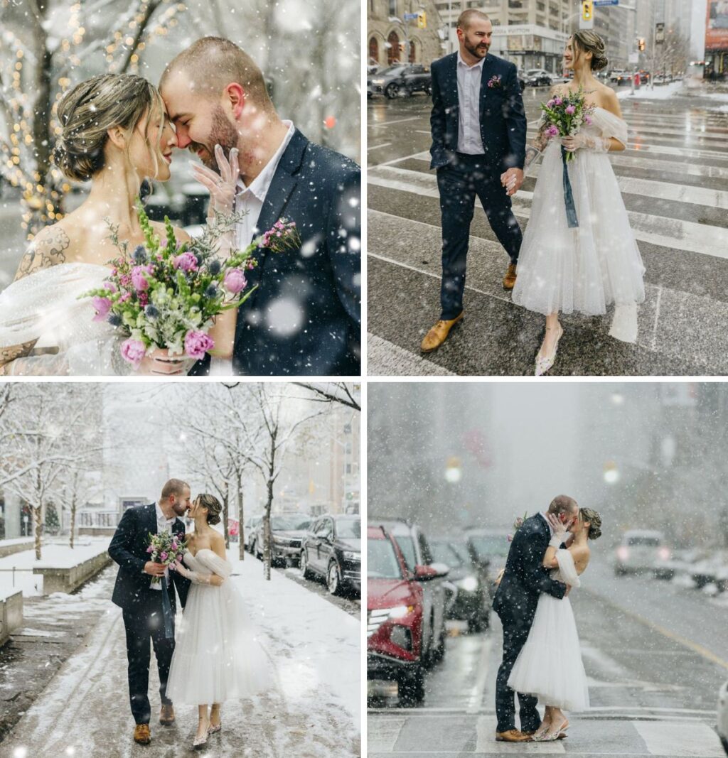 A bride and groom walking down a snow filled city street in the winter. The snow is falling in the photos and they are kissing