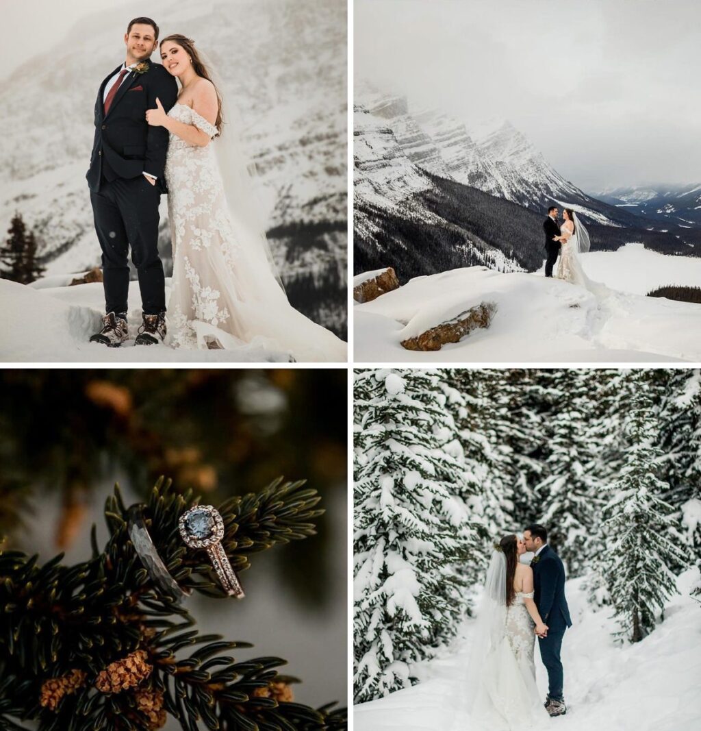 A photo collage of a bride and groom posing in the middle of in winter in the mountains. The trees are covered in snow.