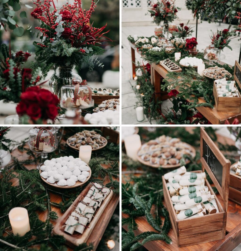 a photo collage of a winter-themed wedding dessert table