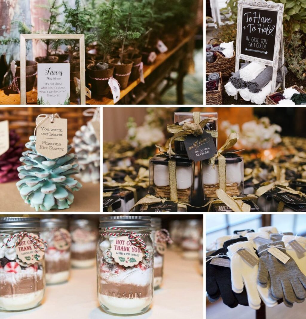 a photo collage of winter wedding favors