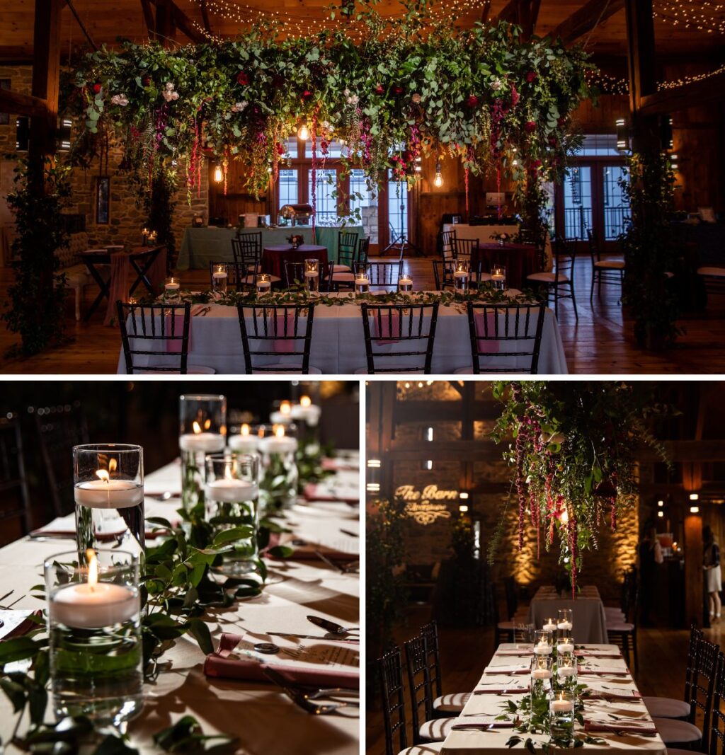 a photo collage showing some elegant winter wedding reception ideas. There is a big hanging floral display with greenery and red flowers and hurricane vases with floating candles.