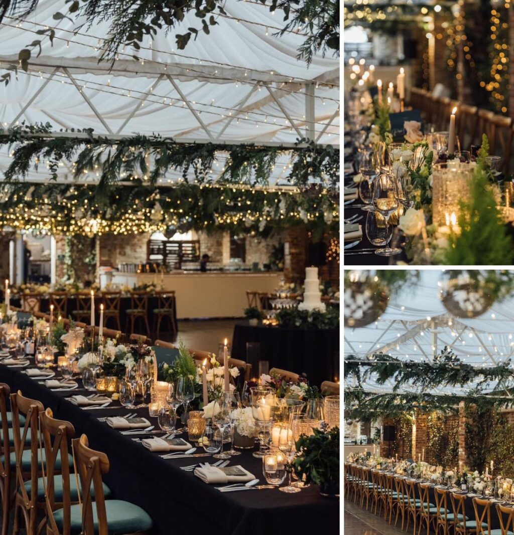 A winter wedding reception decorated with long tables, candles, and small centerpieces