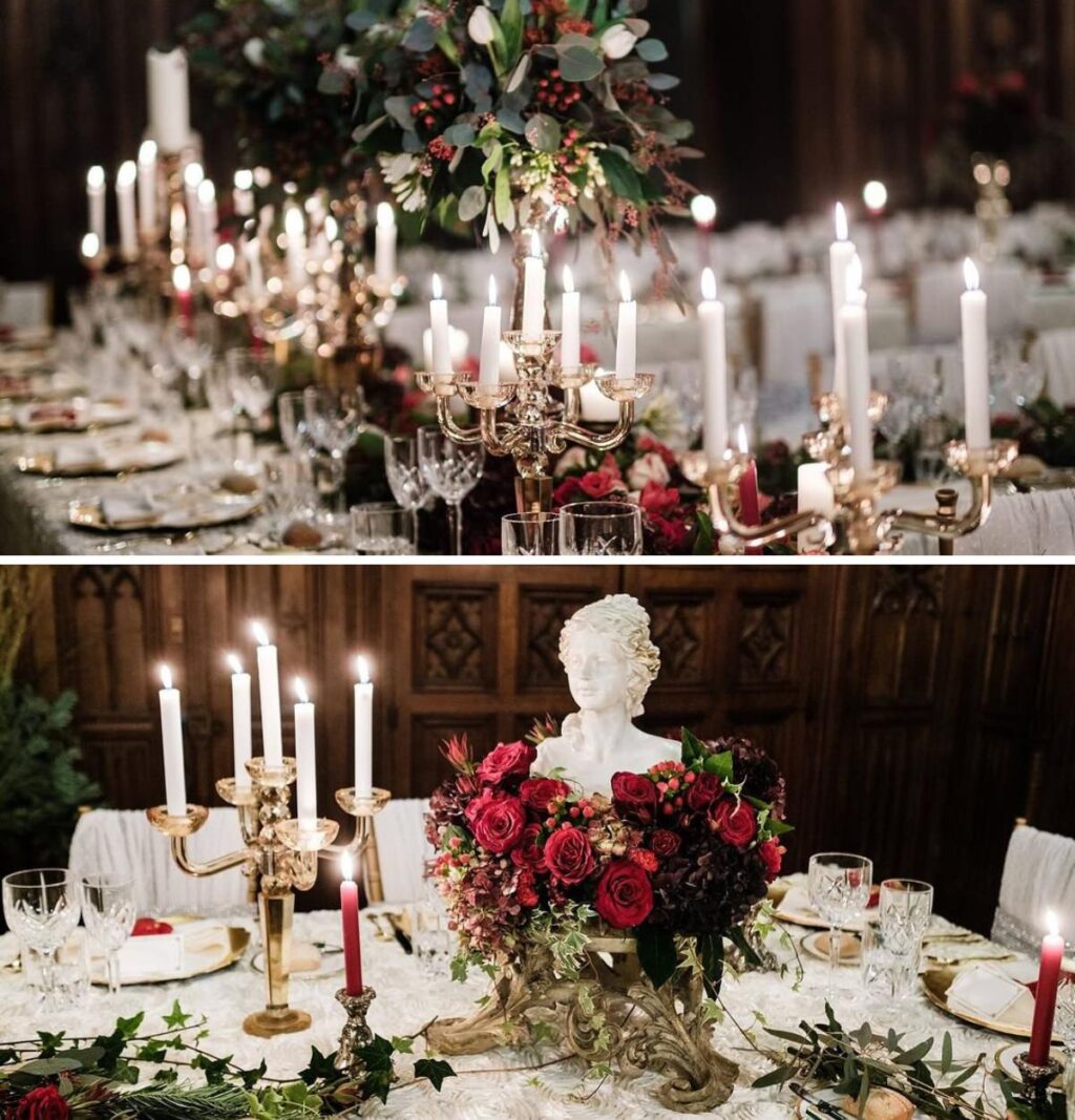 Pretty winter wedding reception decor with candles and red flowers. This is for the article called winter wedding reception ideas