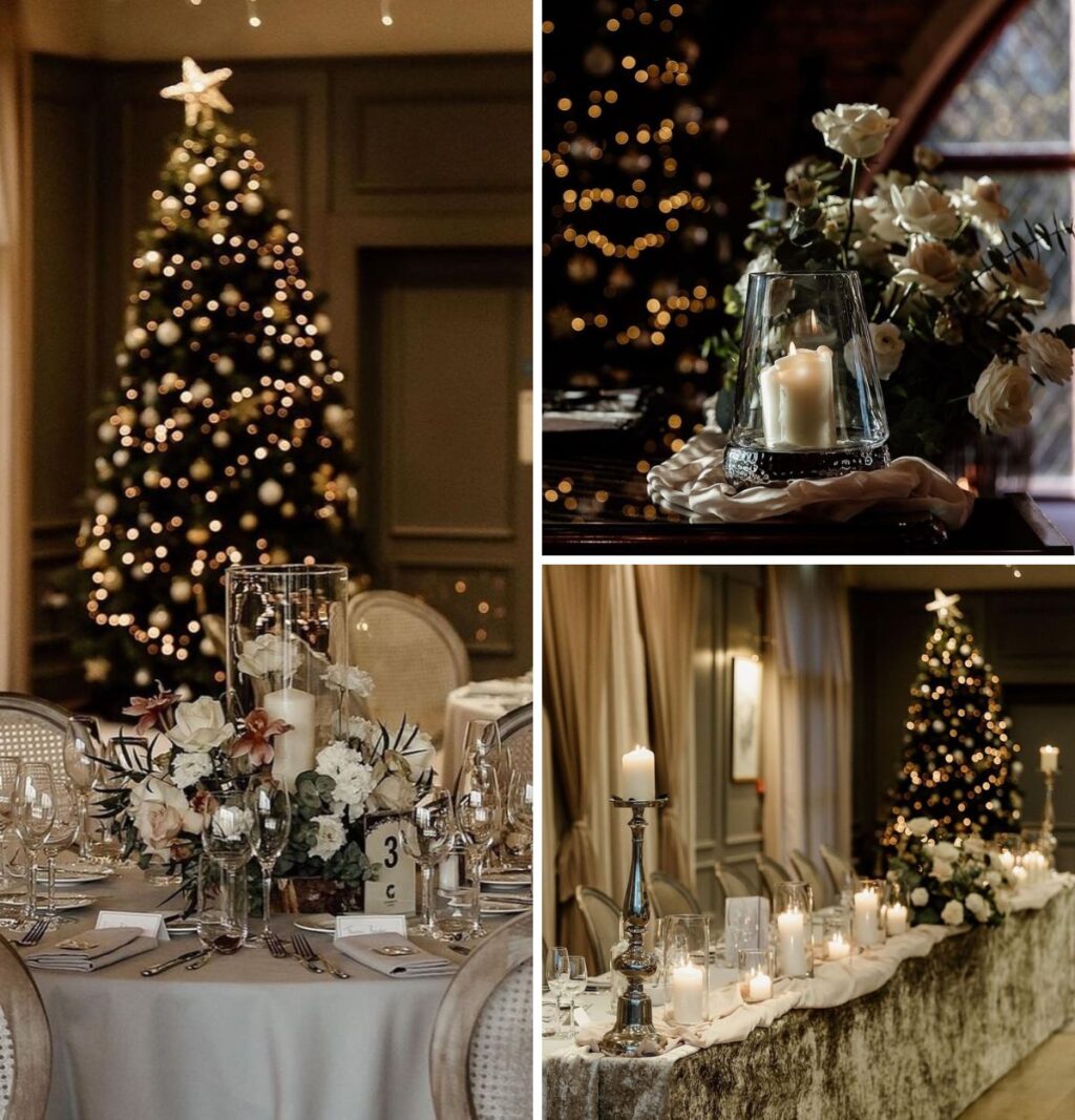 A photo of a Christmas-themed wedding reception with a lit-up tree and table decor.