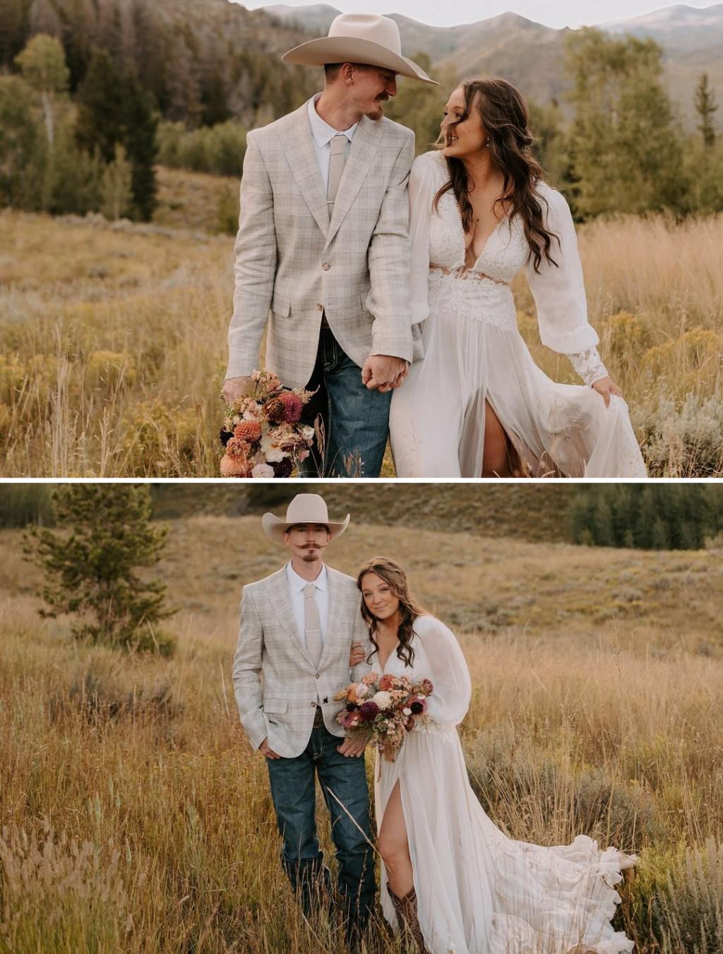 A bride and groom posing in a field and the groom is wearing a western style cowboy hat