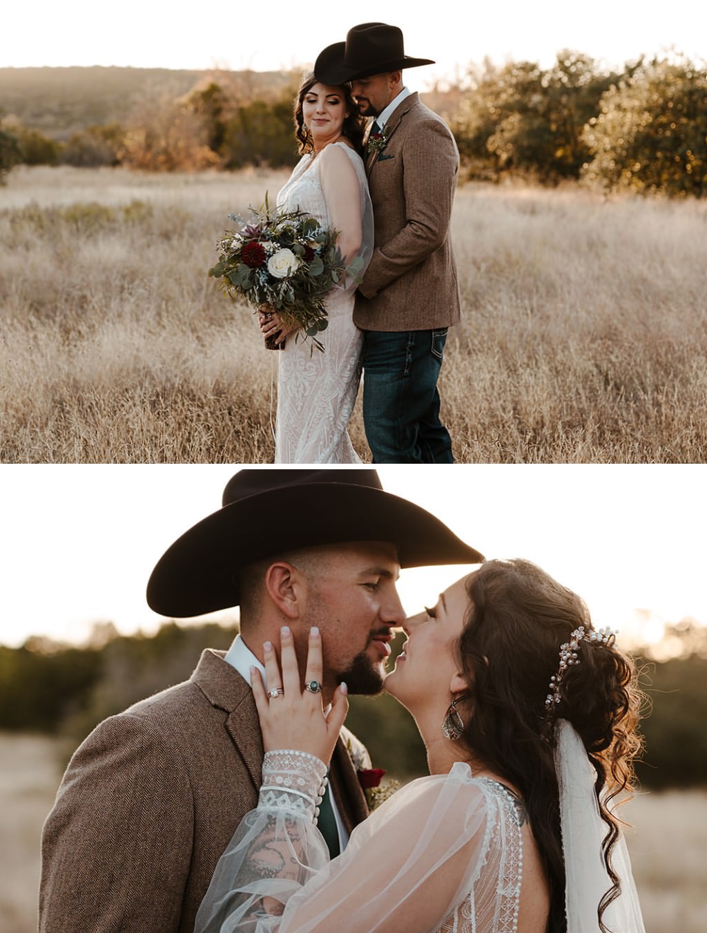 A cowboy groom with a cowboy hat is kissing the bride in a field