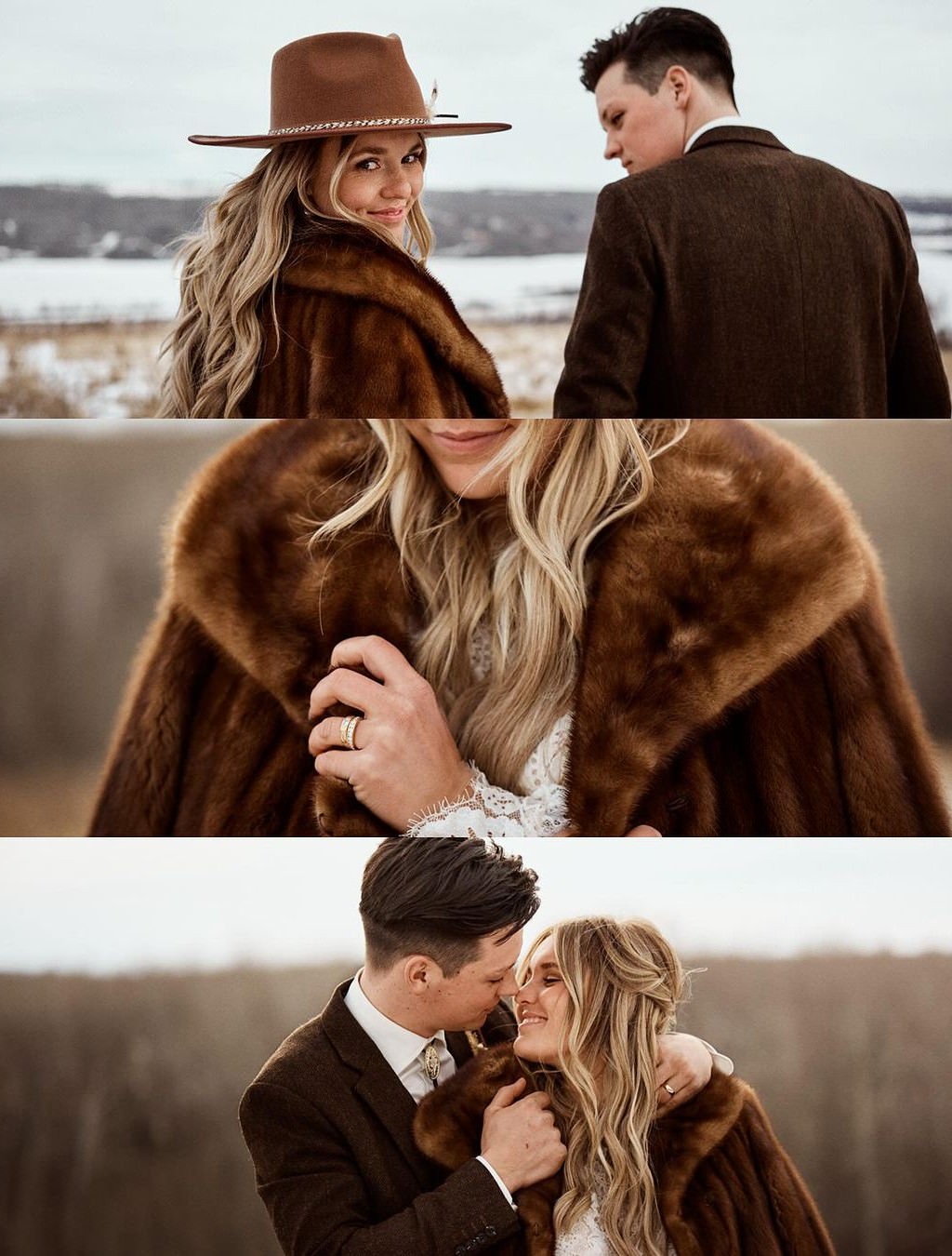 A bride and groom posing in the winter outdoors. The bride is a wearing a rustic boho cowboy hat and faux fur jacket.