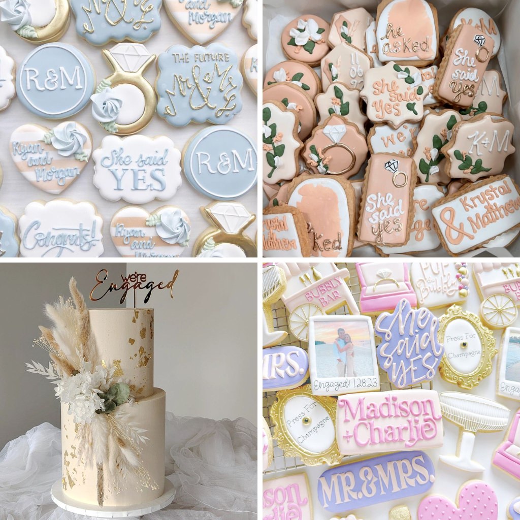 A photo collage that shows cookies and cakes that say the couples are engaged