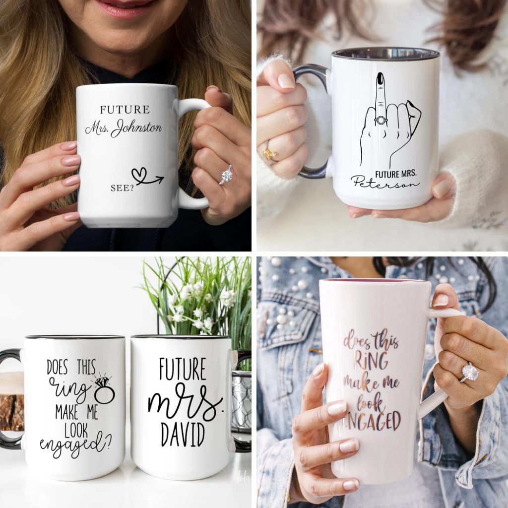 A photo collage showing bride's holding mug that say they are engaged