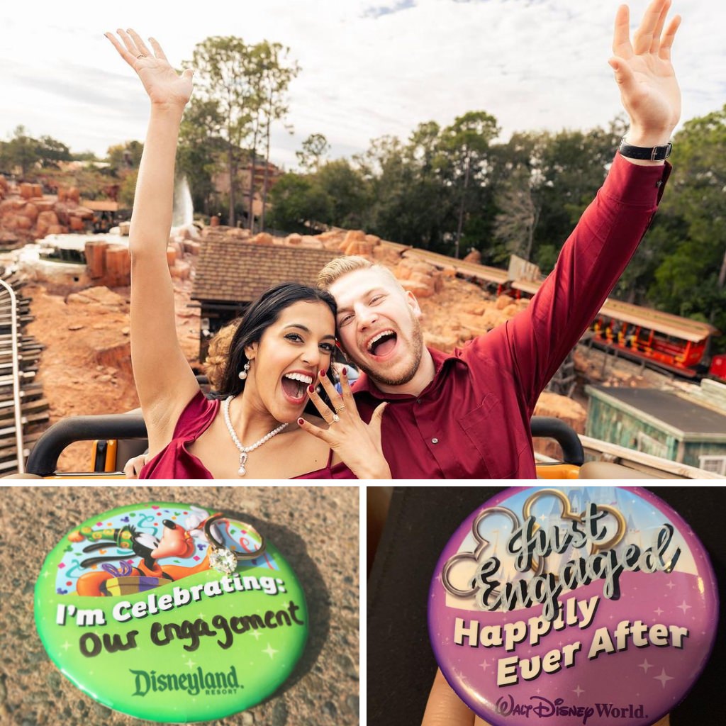 A couple on Thunder Mountain Railroad at Disneyworld showing off their engagement ring plus two buttons that says engaged