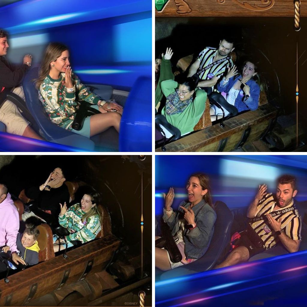 A bride-to-be showing off her engagement ring on different Disneyworld rides