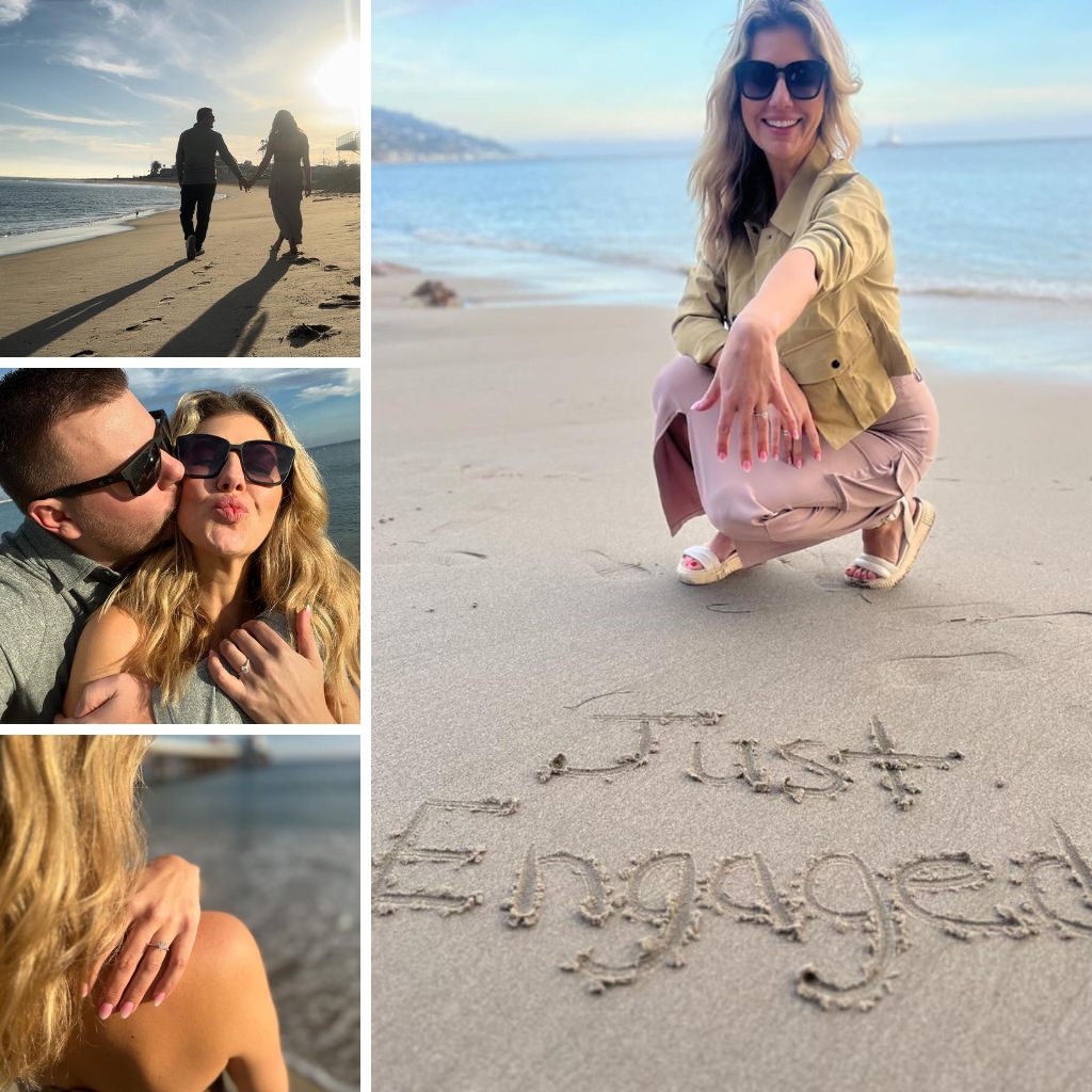 A bride and groom showing off their engagement at the beach. The bride is posing in front of the words Just Engaged in the sand