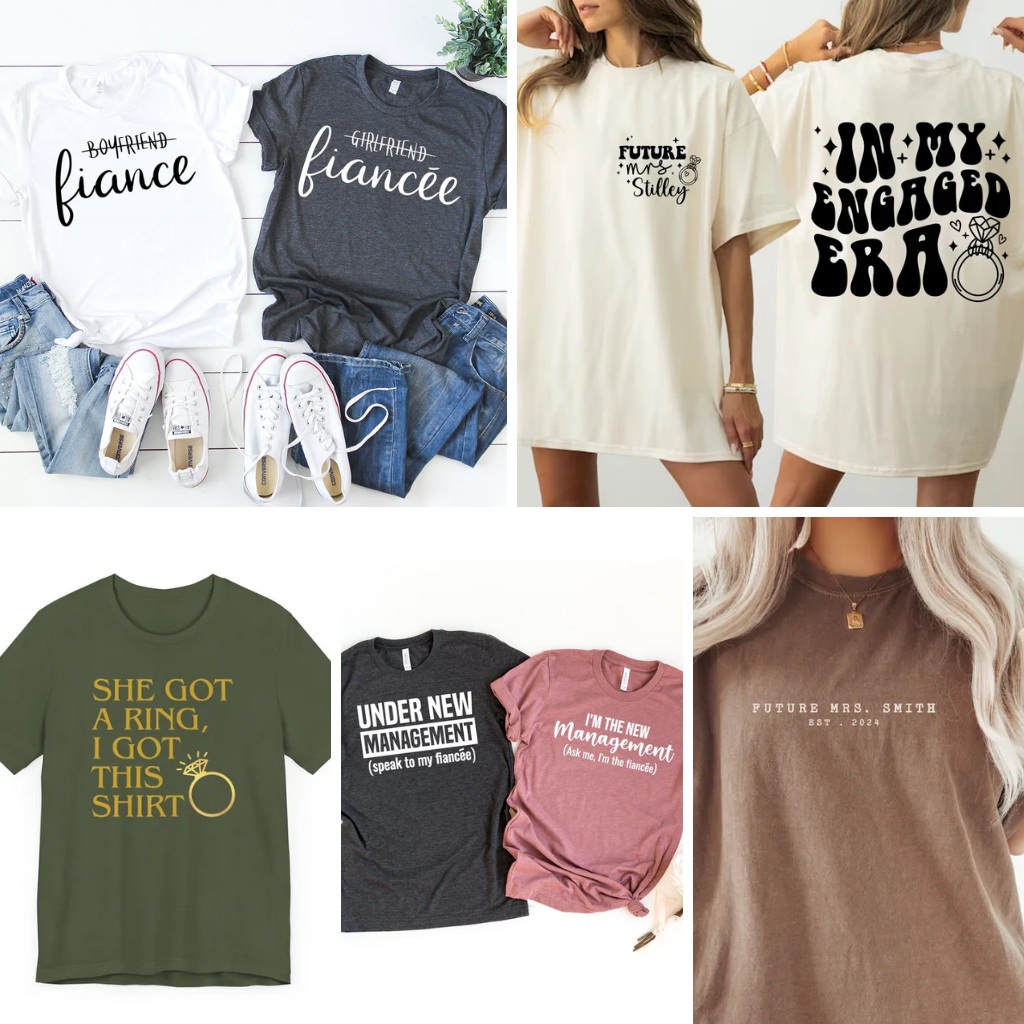A photo collage of shirts that tell the world you are engaged.