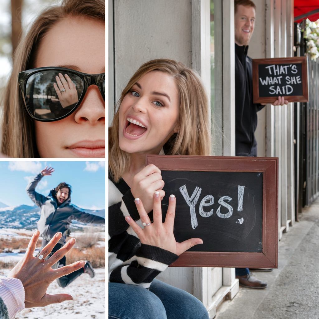 A photo collage of couples having fun and showing off their engagement rings