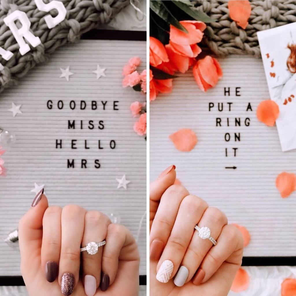 Two hands showing an an engagement ring with a letter sign in the background with different quotes about being engaged.