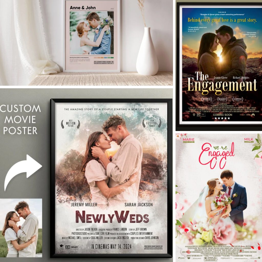 A photo collage of movie posters that couples made as their engagement announcement