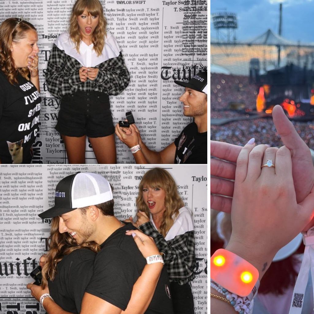 A man and a woman getting engaged in front of Taylor Swift. He gets down on one knee and Taylor is just as surprised as the woman.
