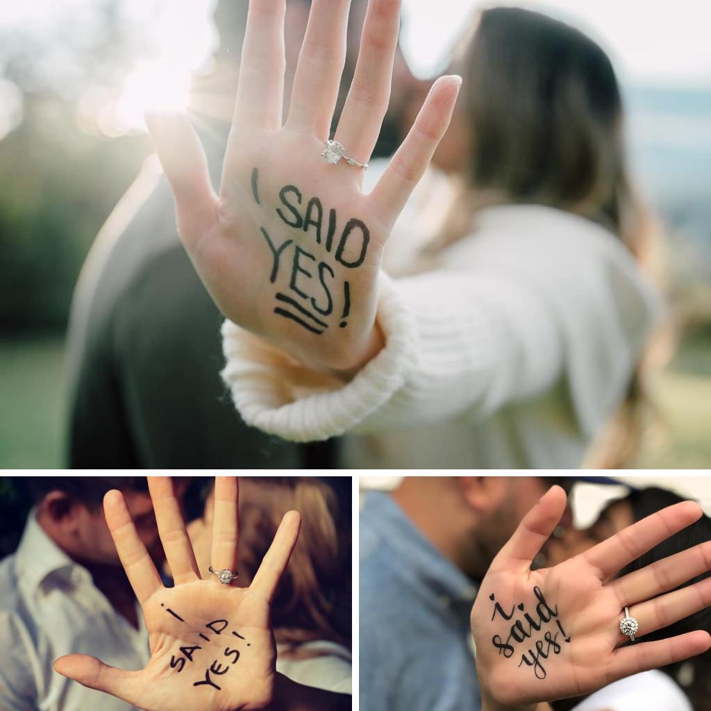 A photo collage that shows women who write "I said yes" on their hand and then they are showing off their new engagement ring