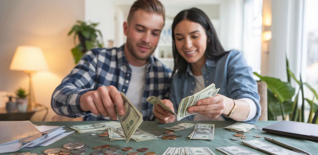 A couple counting money and making a wedding budget