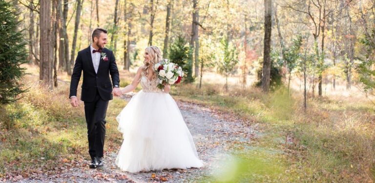 the cover photo for the article called how to plan a wedding in 6 weeks. This photo is a bride and groom walking in the woods together down a path.