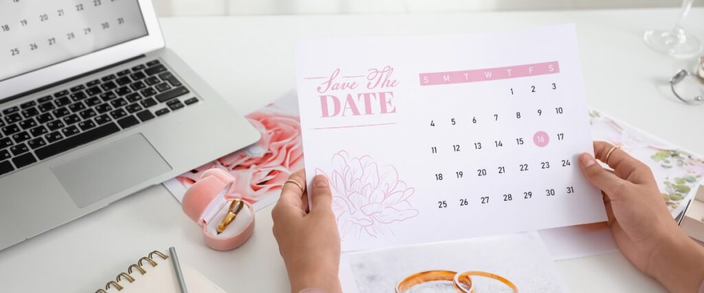 A close up a bride's hands looking over her wedding calendar that says save the date